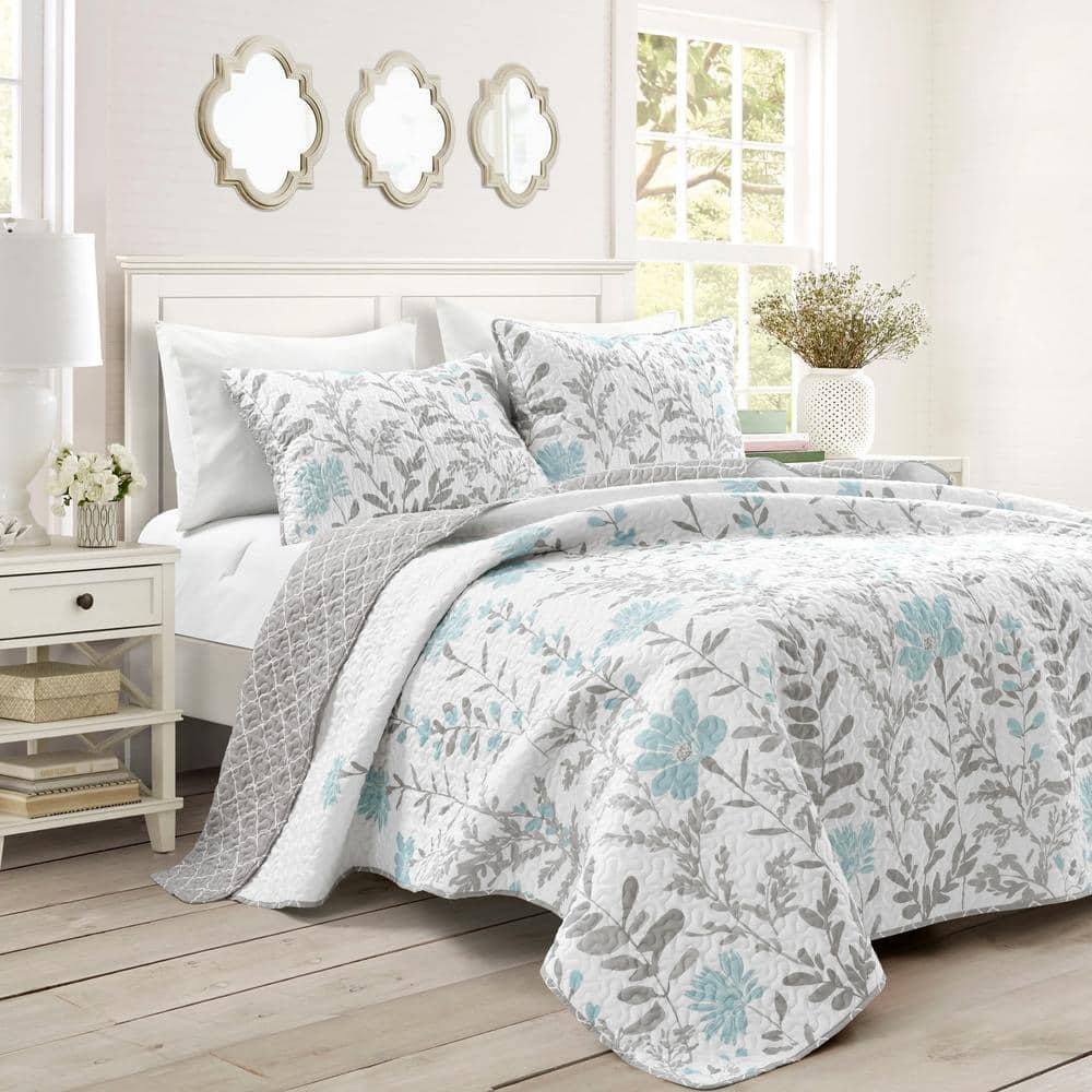 Lush Decor 3-Piece Aprile Reversible Blue/Gray King Quilt Set