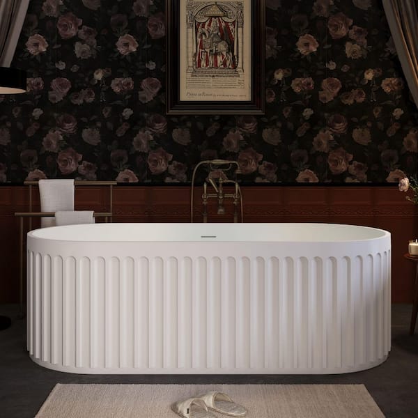 67 in. x 30 in. Fluted Design Solid Surface Freestanding Soaking Bathtub in Matte White with Overflow and Pop-up Drain
