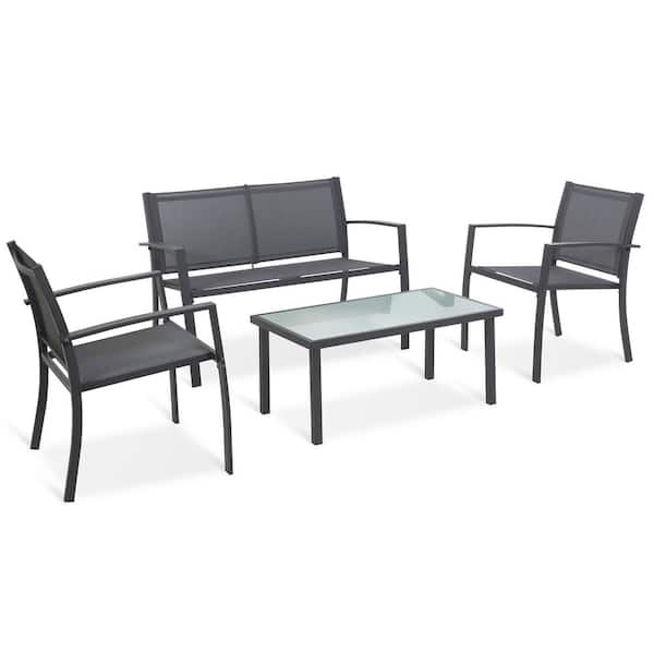 Boyel Living Dark Gray Steel Pipe 4-Piece Metal Patio Conversation Set with 2-seater Sofa, Single Seat Sofa and Glass Low Table