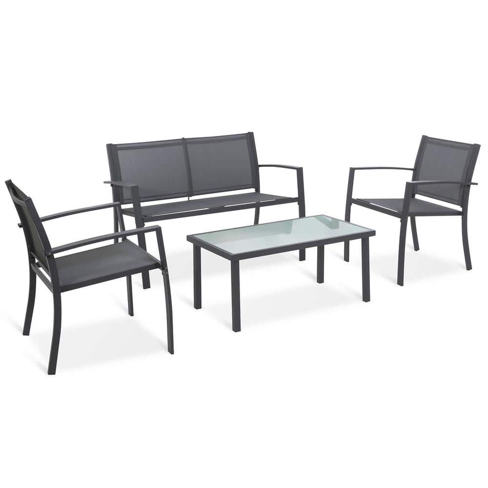 Dark Gray Steel Pipe 4-Piece Metal Patio Conversation Set with 2-seater Sof