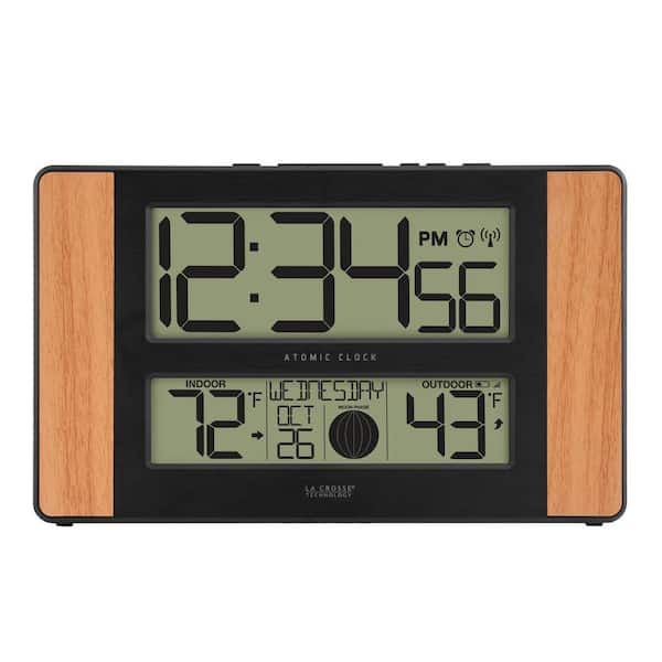 La Crosse Technology 11 in. x 7 in. Atomic Digital Clock with Temperature and Moon Phase in Oak