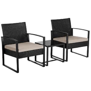 Black 3-Piece PE Rattan Wicker Outdoor Patio Conversation Set with Beige Cushions and Coffee Table