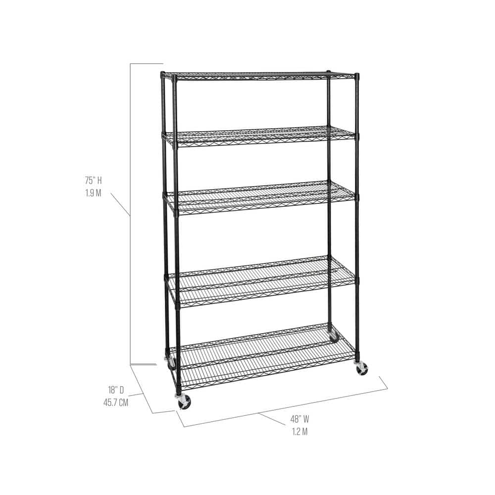 Black Adjustable 5-Tier Steel Wire Shelving Unit with Wheels