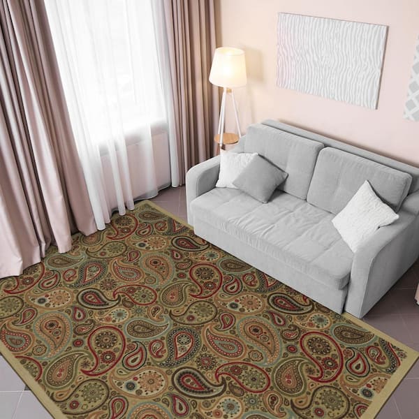 Ottomanson Basics Collection Non-Slip Rubberback Paisley Design 5x7 Indoor Area Rug, 5 ft. x 6 ft. 6 in., Beige