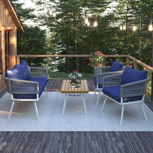 4-Piece Boho Rope Wood Patio Conversation Set with Cushion Guard Navy Blue Cushions
