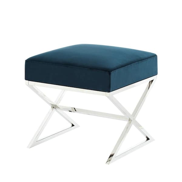Inspired Home Elora Navy/Chrome Upholstered X-Leg Velvet Ottoman