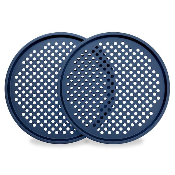 2-Piece Round Perforated Carbon Steel Pan with Non-Stick Marble Coating, Durable and Easy Cleanup-Blue