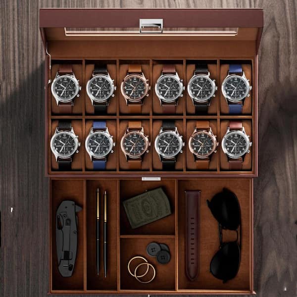 12-Slot Men's Faux Leather Watch Box with Drawer and Glass Lid, 2