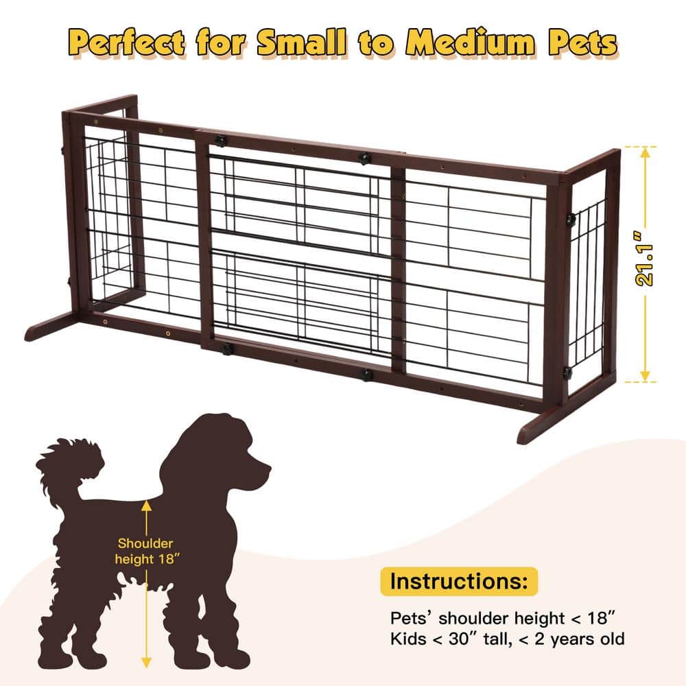 Expandable Brown Solid Wood Freestanding Pet Gate with Wire Mesh