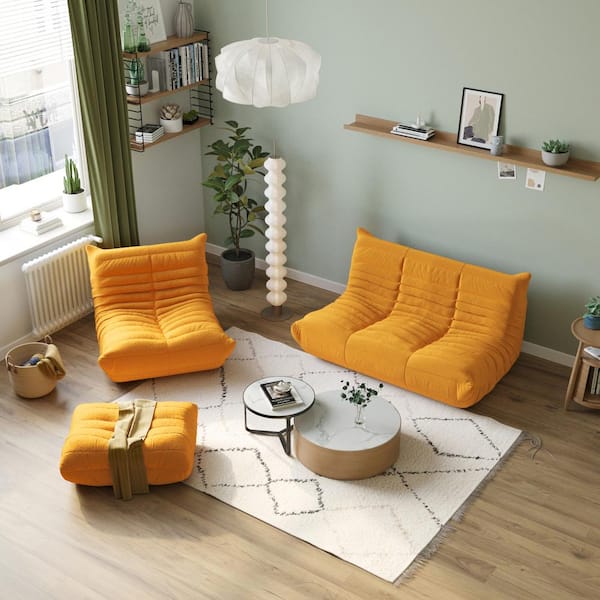 J&E Home 68.93 in. W Armless Teddy Velvet 3-piece Modular Lazy Floor Free combination Sectional Sofa with Ottoman in Yellow