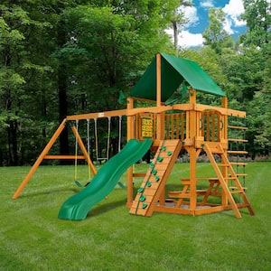 Chateau Wooden Outdoor Playset with Green Vinyl Canopy, Wave Slide, Picnic Table, and Backyard Swing Set Accessories
