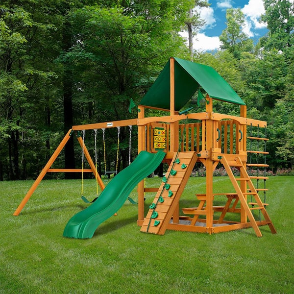 Gorilla Playsets Chateau Wooden Outdoor Playset with Green Vinyl Canopy, Wave Slide, Picnic Table, and Backyard Swing Set Accessories