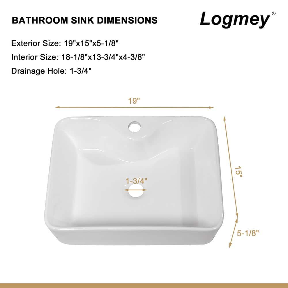 19'' White Gloss Rectangular Ceramic Vessel Sink