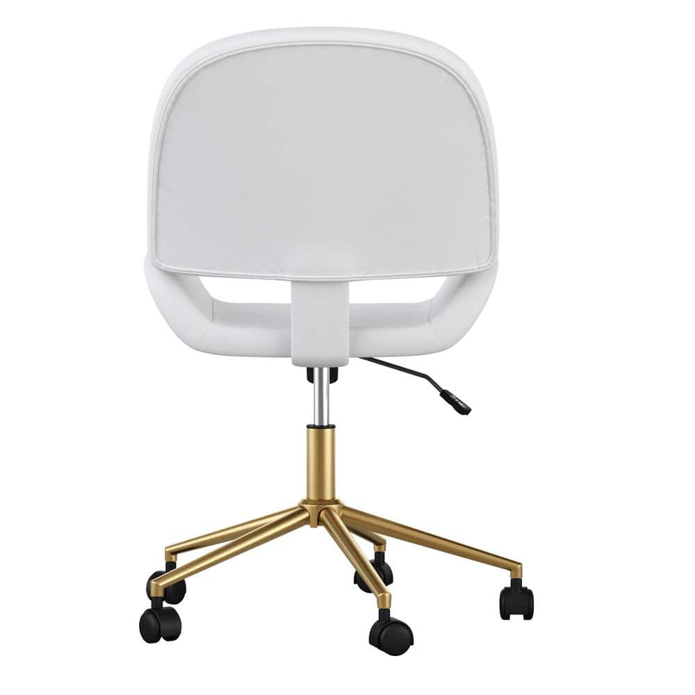 White Faux Leather Armless Swivel Office Chair with Brass Base