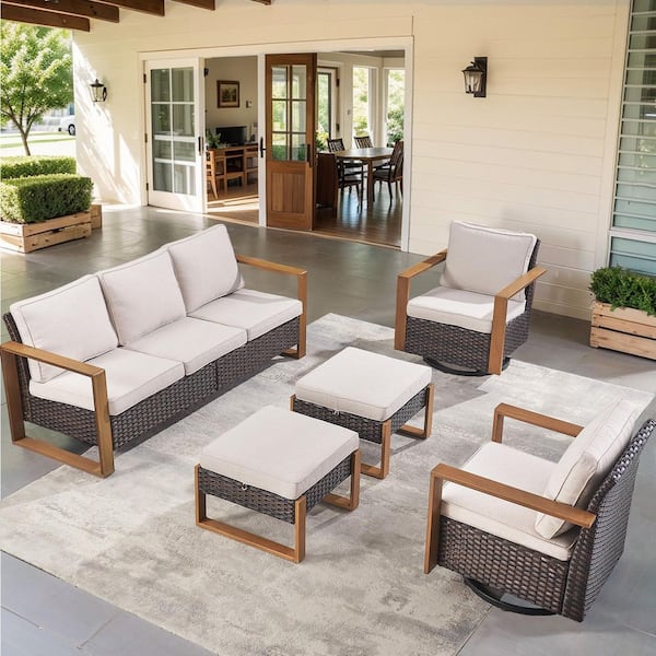 Cube Edge 5-Piece Brown Wicker Patio Conversation Set with Olefin Beige Cushions and Ottomans/ Patio Swivel Gliders