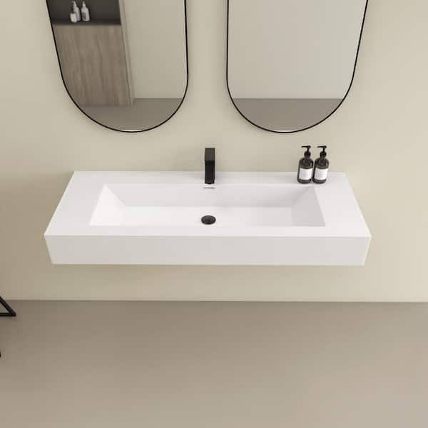 HOPROME 48 x 18 in. Solid Surface Wall Mount or Countertop Bathroom Vessel Sink with Single Faucet Holes in Matte White