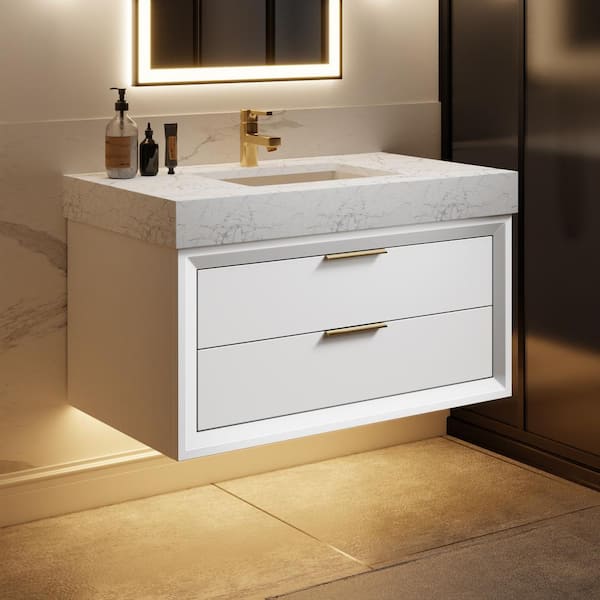 ExBrite Solidoak 36 in. W x 20.9 in. D x 21.3 in. H Single Sink Bath Vanity in White with White Cultured Marble Top
