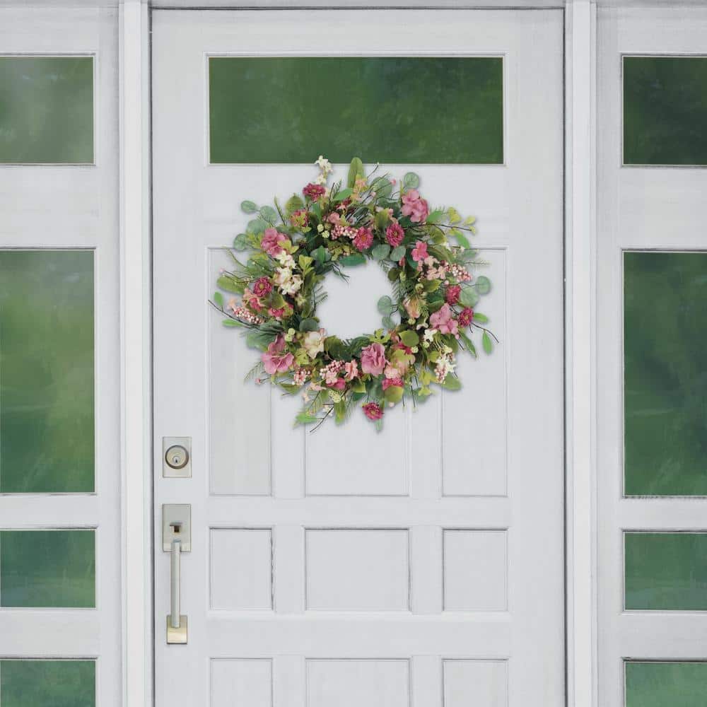 24" Pink and Green Artificial Floral Spring Wreath