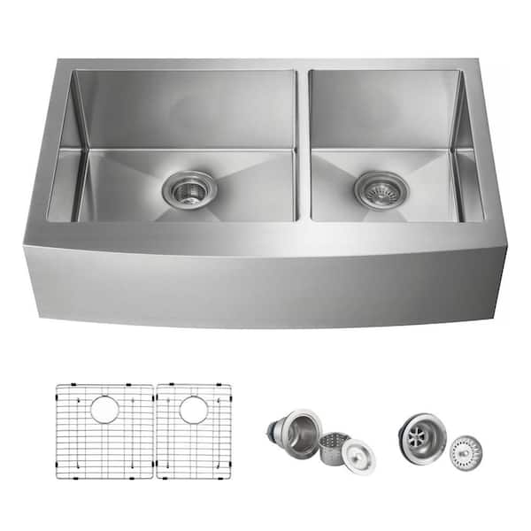 Kitchen Sink 36 in. Farmhouse/Apron-Front Double Bowl 16-Gauge Satin Stainless Steel and Bottom Grids Strainer