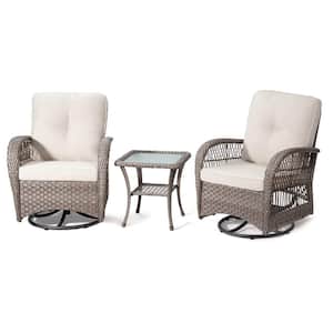 3 Piece Grey Wicker Swivel Patio Outdoor Rocking Chair with Beige Premium Fabric Cushions and Matching Side Table