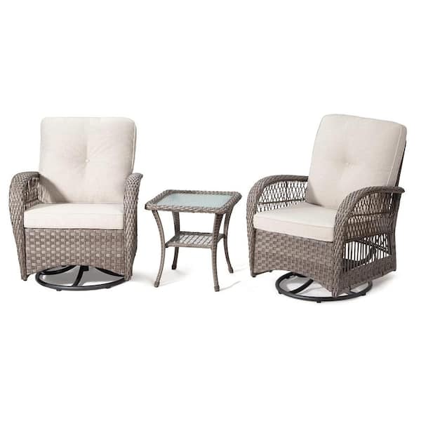 Unbranded 3 Piece Grey Wicker Swivel Patio Outdoor Rocking Chair with Beige Premium Fabric Cushions and Matching Side Table
