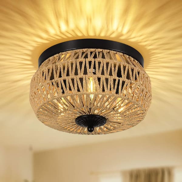 13 in. 3-Light Rattan Flush Mount Ceiling Light With Handcrafted Cage Shade For Bedroom, Kitchen, Foyer, Porch