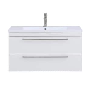 Riley 36 in. Wall Mounted Bathroom Vanity in Gloss White with Resin Vanity Top in White with Single White Basin