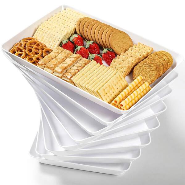 11 in. White Plastic Rectangular Serving Tray Stackable BPA-Free Reusable Plastic Serving Platters for Cookie (Set of 8)