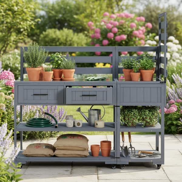 62.3 in. W x 28.6 in. D Gray Wood Potting Bench, Kitchen Island with Stainless Table Top