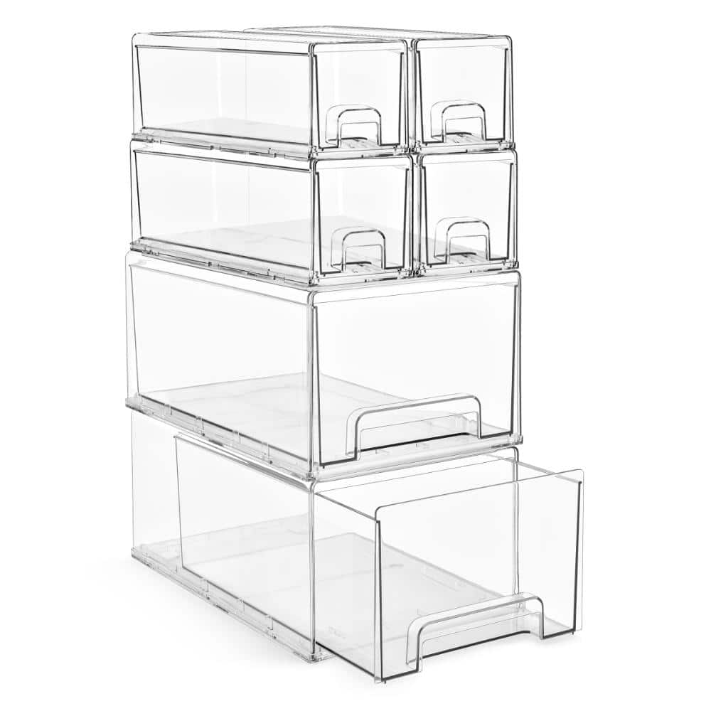 2 Large & 4 Small Clear Stackable Fridge Drawers with Handles