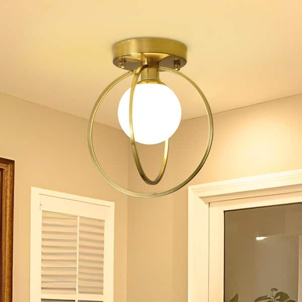 Modern 9.1 in. 1-Light Gold Semi-Flush Mount Ceiling Light with Globe Glass Shade