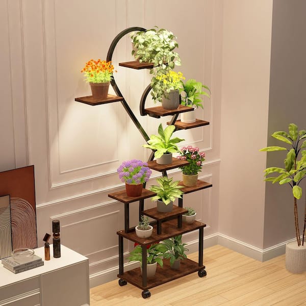 65 in. H Walnut Heart-Shaped MDF Indoor Plant Stand with 4 Grow Lights, 9-Tiered Tall Plant Shelf w/Wheels Plant Rack