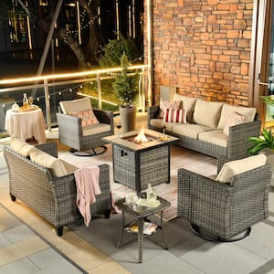 Michigan 6-Piece Wicker Outdoor Patio Fire Pit Seating Sofa Set and with Beige Cushions and Swivel Rocking Chairs