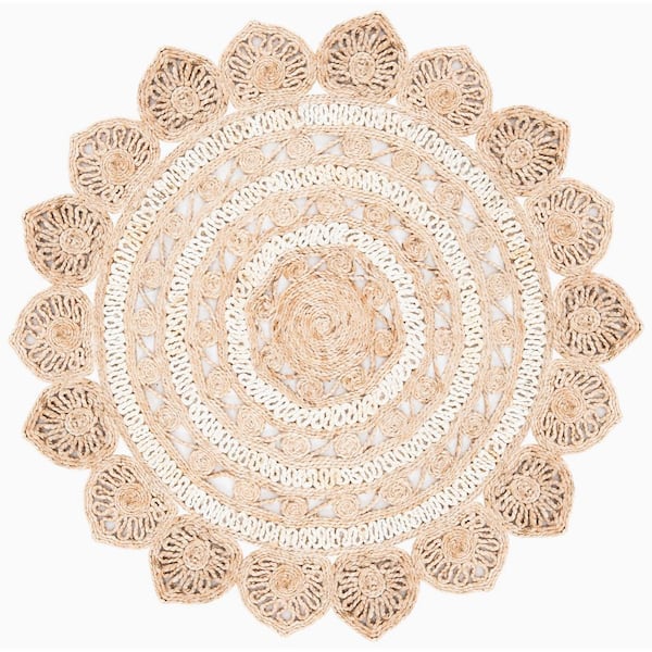 SAFAVIEH Natural Fiber Ivory/Beige Doormat 3 ft. x 3 ft. Woven Floral Round Area Rug