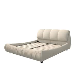 High End Beige Wood Frame King Upholstered Platform Bed with Oversize Headboard, Thickened Slats, Pleating Bed Body
