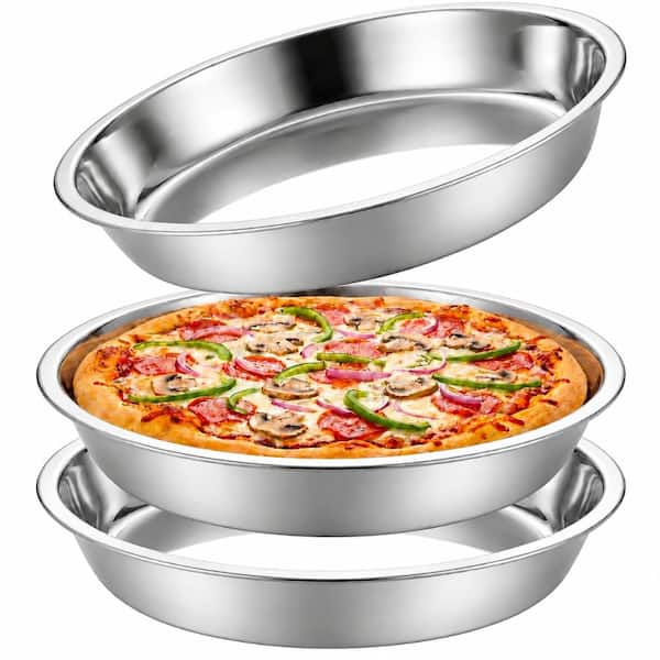 3 Piece Deep Round Stainless Steel Pie Pan Set 11 Inch Larger Size Thickened Metal Baking Plates for Oven