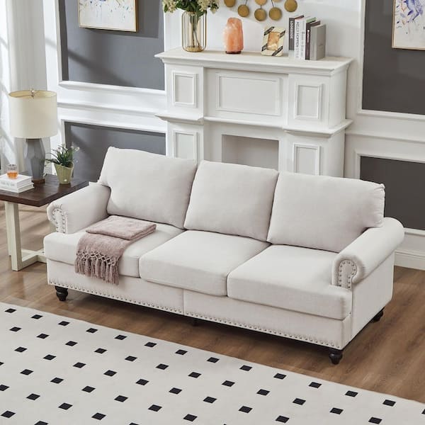 Ulverra Modern 83 in. Rolled Arm Nailheads Polyester Fabric Upholstered Rectangle 3-Seats Storage Sofa in Beige