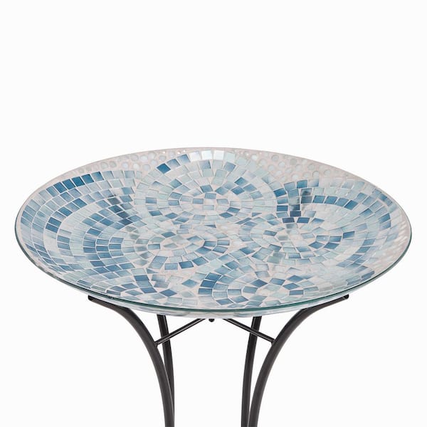 Alpine Corporation - 24 in. Tall Outdoor Mosaic Style Glass Birdbath Bowl with Metal Stand, Blue