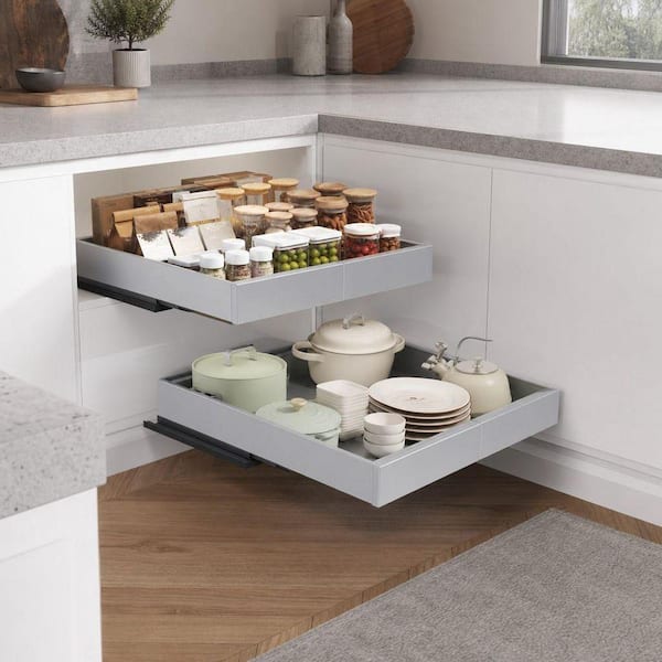2 Pack Adjustable Pull Out Cabinet Organizer with Raising Pads, 3-Slide Rails and Roll Out Shelves Adhesive, Silver