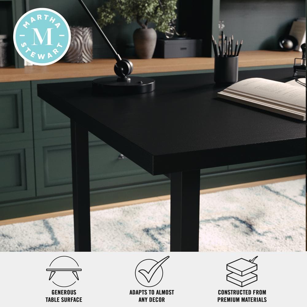 Black Wood Grain Trestle Desk with Open Shelving