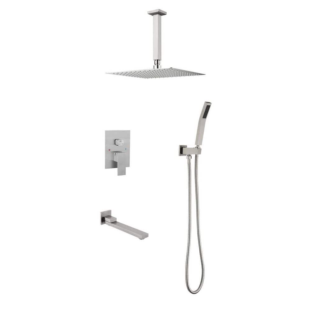 1-Spray Patterns 16 in. Ceiling Mount Dual Fixed and Handheld Shower Head with Bathtub Faucet 2.5 GPM in Brushed Nickel price history on PriceWatchPro
