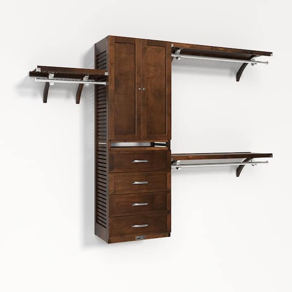 72 in. W - 120 in. W Chestnut Walk in with 4 Shaker Style Drawers and Wood Door 16 in. Shelf Wood Closet System