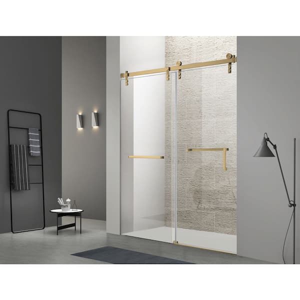 60 in. W x 76 in. H Single Sliding Frameless Shower Door in Gold with 5/16 in. Tempered Glass