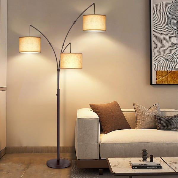 80 in. Mid-Century Modern 3-Light Adjustable LED Brown Arc Floor Lamp with 3-Beige LinenDrum Shades