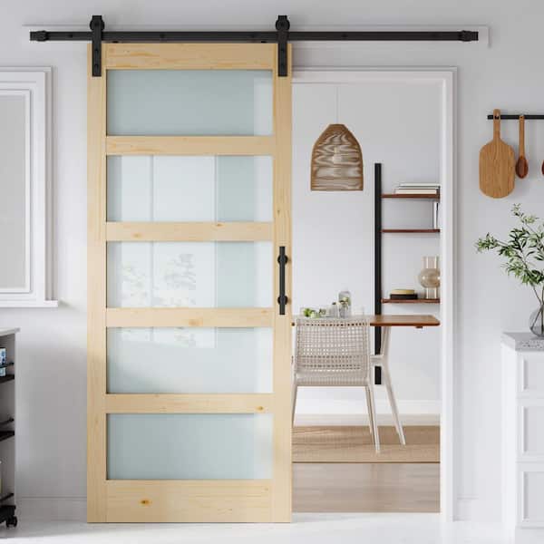 36 in. x 84 in. 5-Lite Tempered Frosted Glass Solid Core Spruce Wood Sliding Barn Door with Hardware Kit