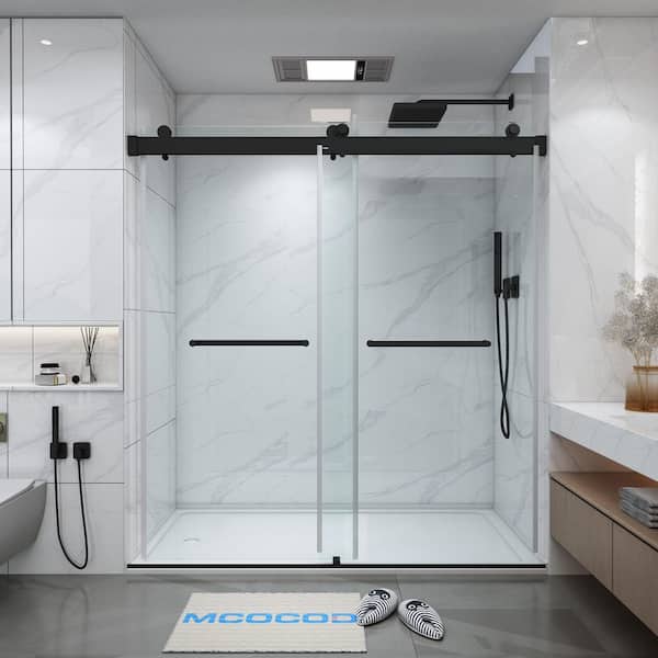 MCOCOD 66-72.75 in. W x 79 in. H Double Sliding Frameless Soft Close Shower Door in Matte Black with 3/8 in. Clear Glass
