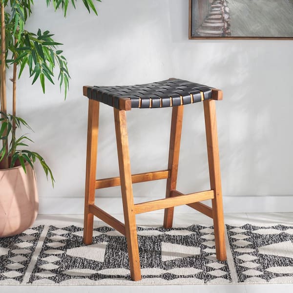 Abreu 30 in. H Black/Natural Wood Bar Stool with Leather Seat