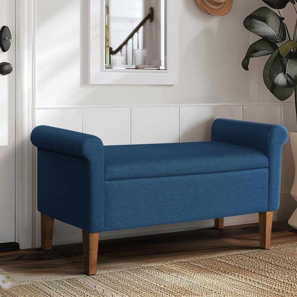 Aubrey Blue Upholstered Storage Bench with Walnut Wood Legs