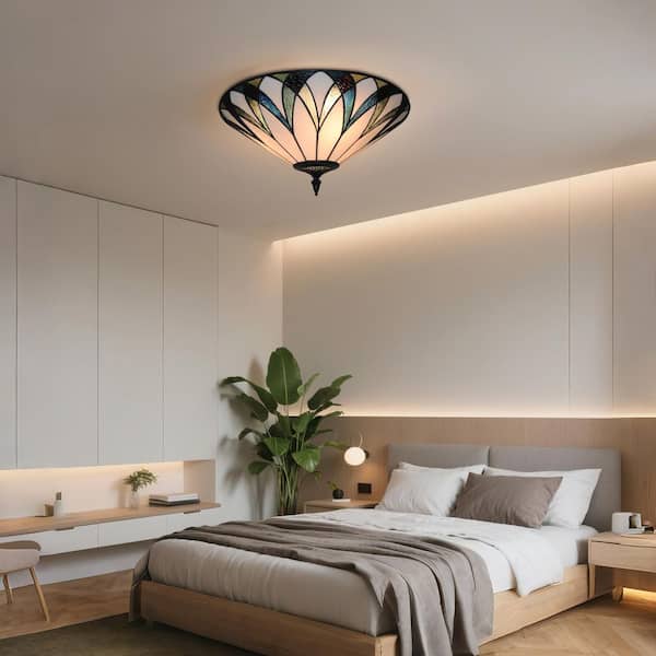 OUKANING 18 in. 3-Light Retro Elegant Stained Glass Flush Mount