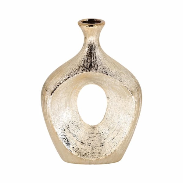 13 in. Gold/Champagne Stoneware Geometric Beaded Cut-Out Decorative Vase
